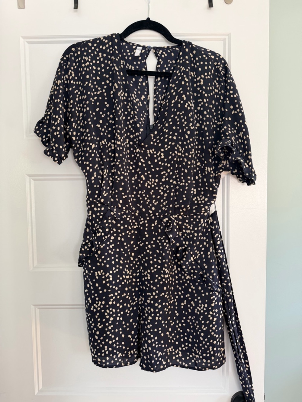 Navy and Cream Polka Dot shorts romper